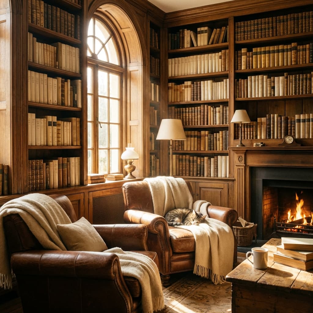 Cozy library setting with warm magical lighting